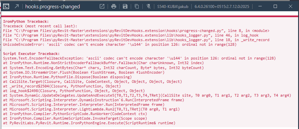 UnicodeEncodeError in pyRevitDevHooks / hooks_logger.py when opening ...